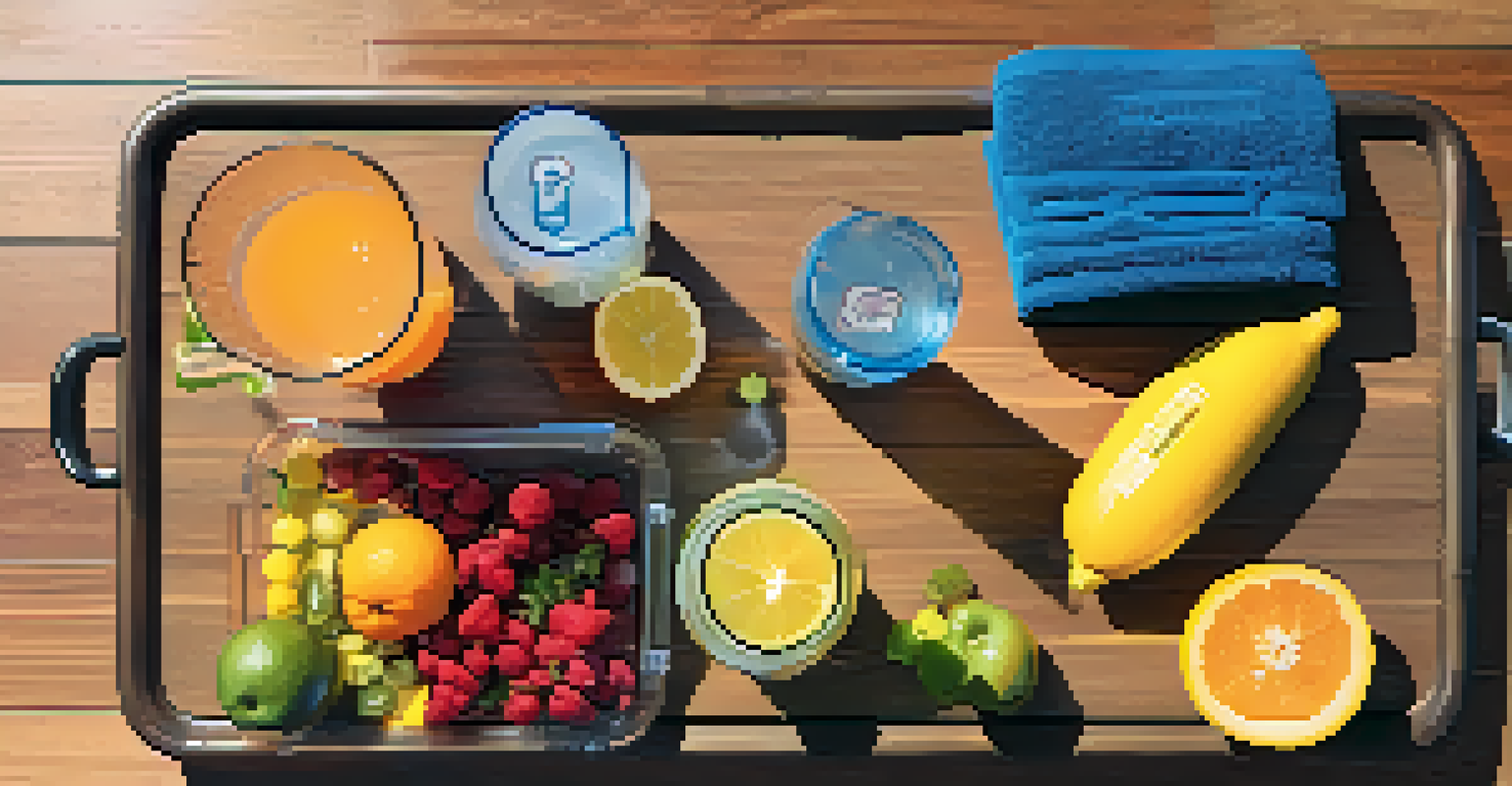 An overhead view of hydration options for powerlifters, including electrolyte drinks and fresh fruits on a wooden bench.