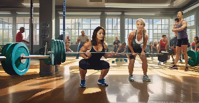 A diverse group of individuals practicing powerlifting in a well-lit gym, focusing on a middle-aged woman doing a squat with trainers and athletes around her.
