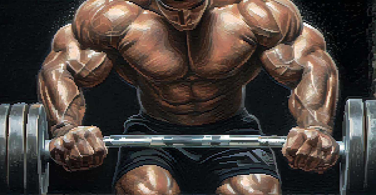 A close-up of a powerlifting athlete's hands gripping a heavy barbell, showcasing the texture and chalk dust.