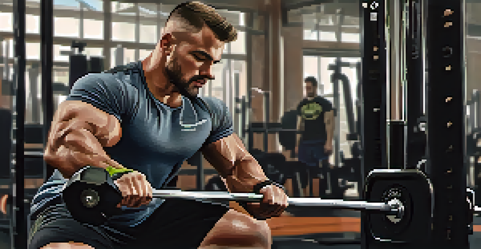 A powerlifter in a gym focusing on stretching and breathing deeply, surrounded by gym equipment.