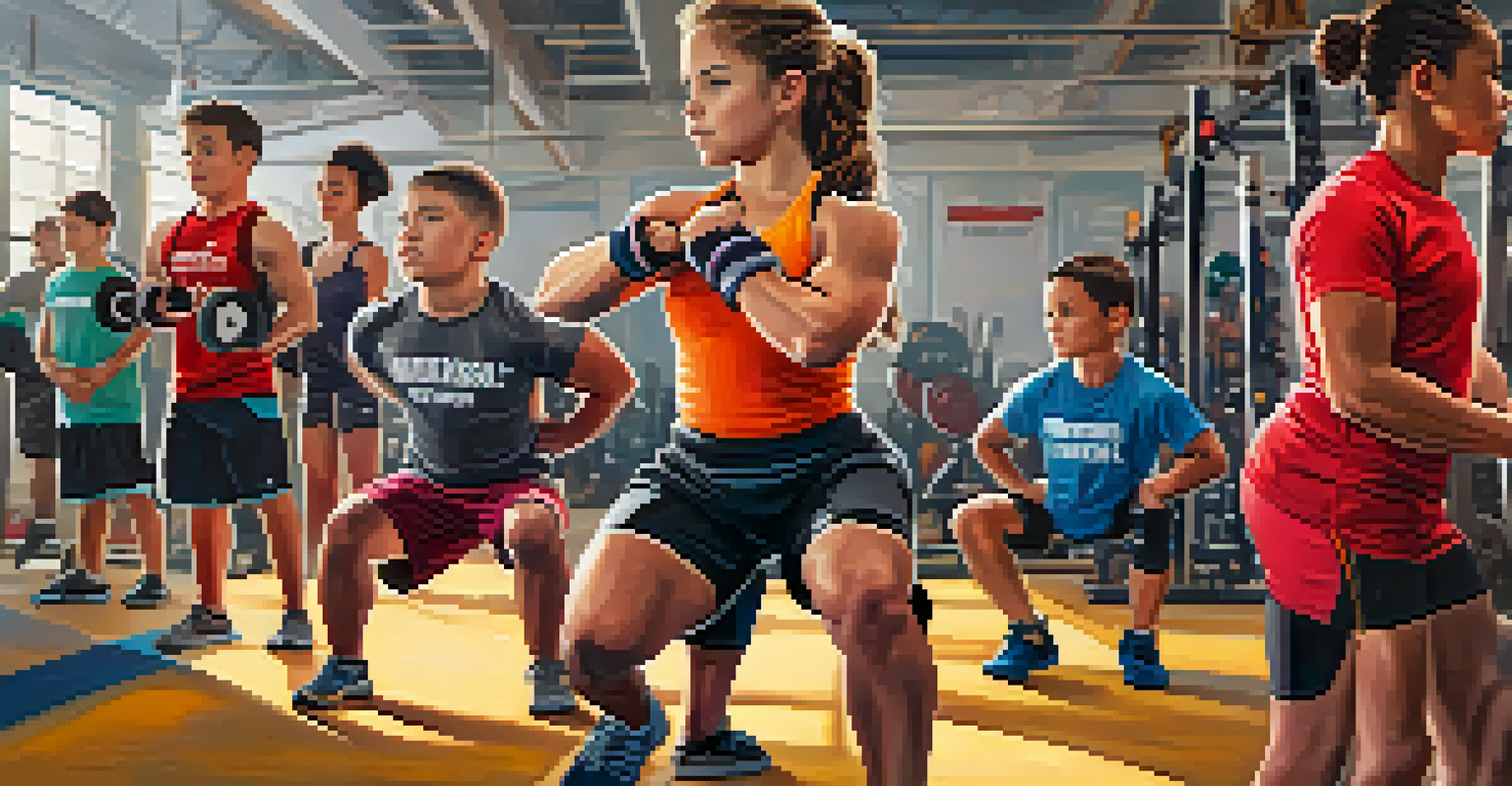 A group of young athletes warming up with dynamic stretches in a gym.