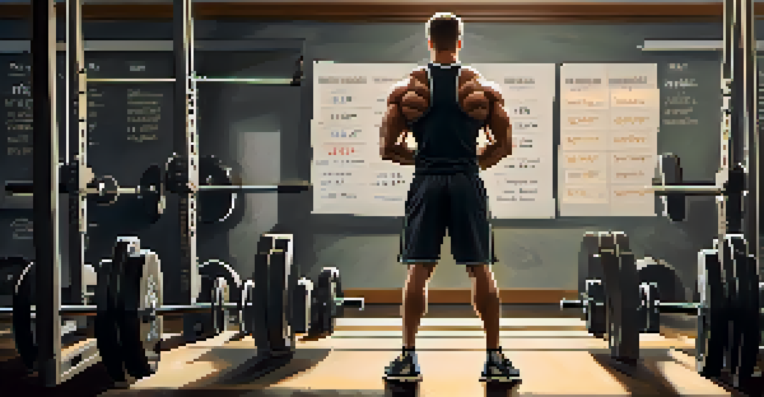 A lifter preparing for a competition in front of a mirror, with a chalkboard and calendar in the background, reflecting concentration and determination.