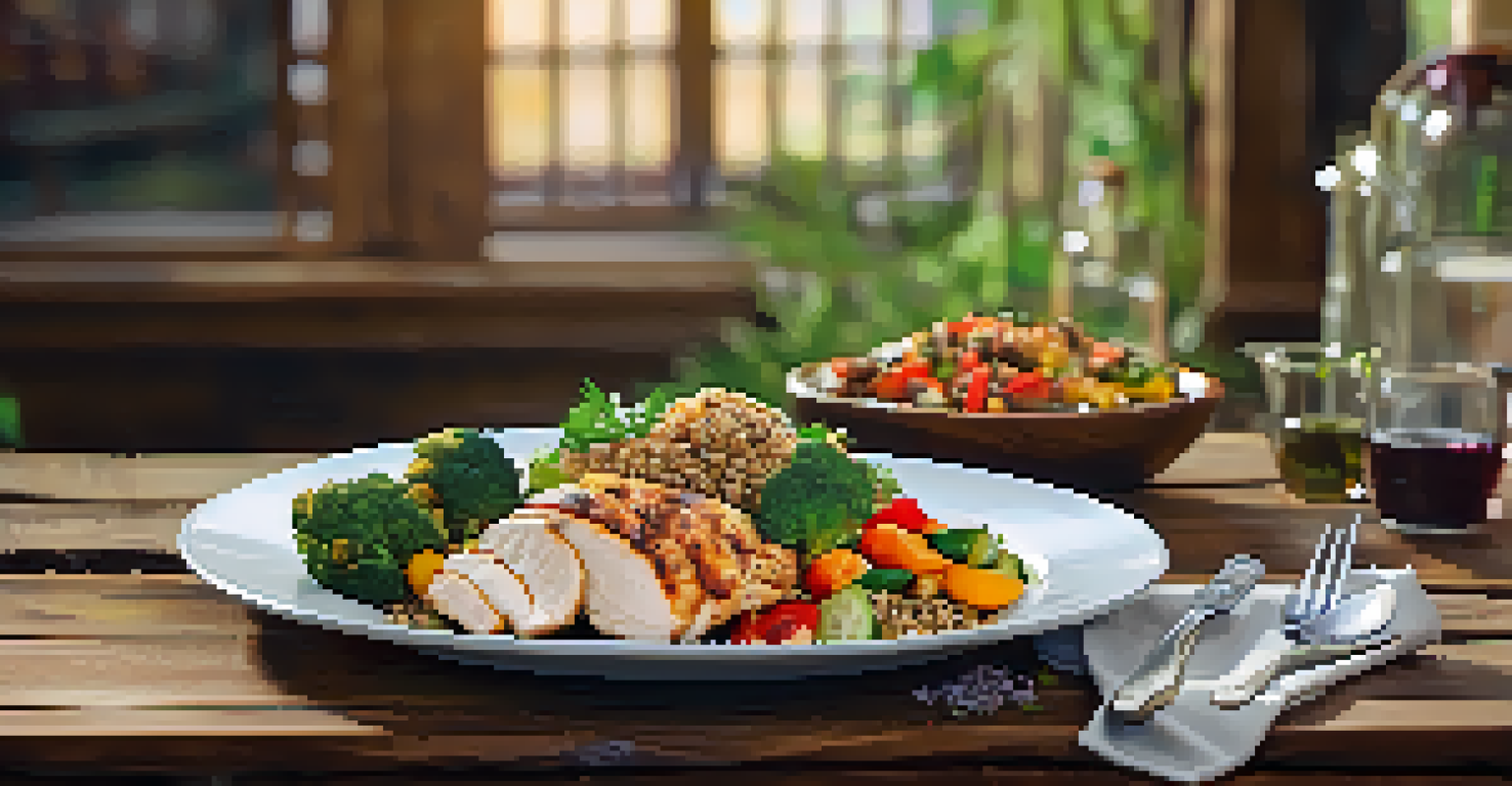 A plate of grilled chicken, quinoa, and vegetables arranged beautifully on a wooden table with natural light.