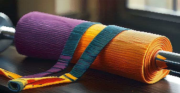 A close-up of wrist wraps on a gym bench with a barbell blurred in the background.