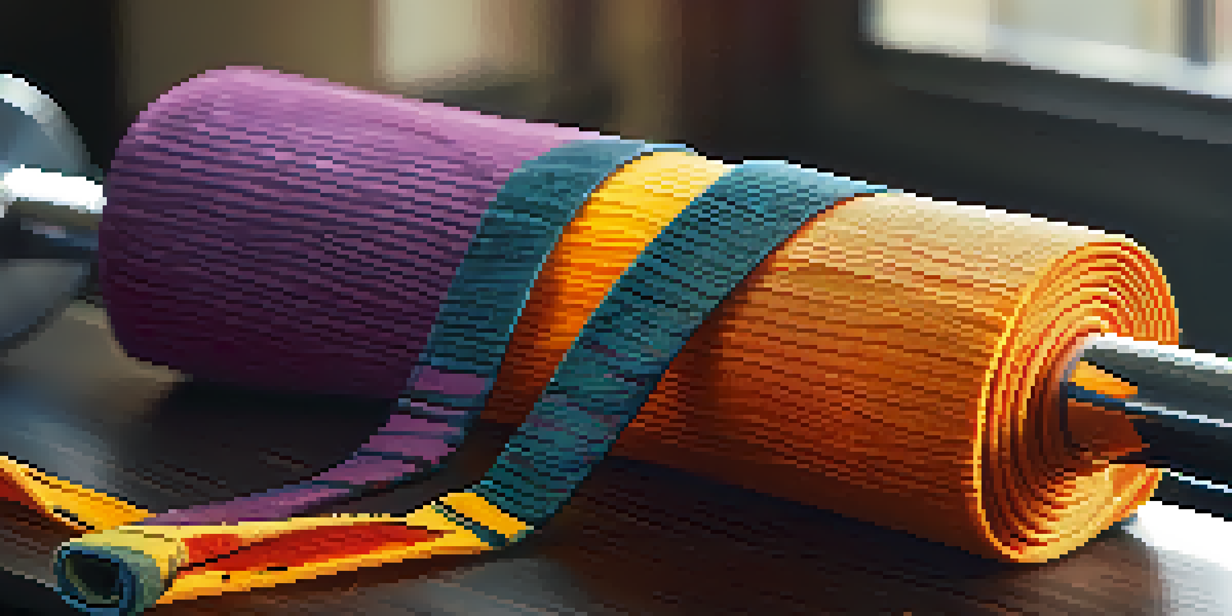 A close-up of wrist wraps on a gym bench with a barbell blurred in the background.