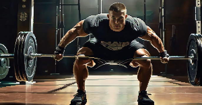 A powerlifter lifting a heavy barbell in a gym, showcasing strength and focus.