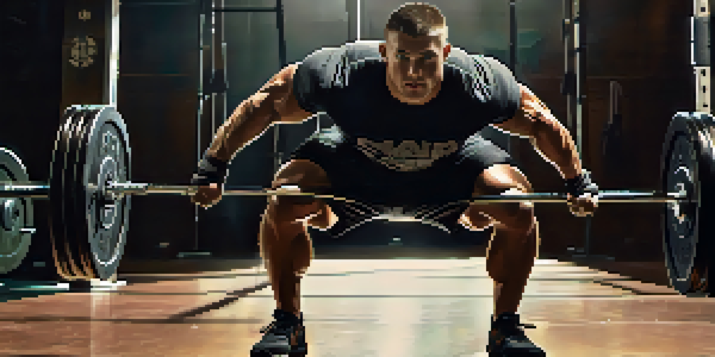 A powerlifter lifting a heavy barbell in a gym, showcasing strength and focus.