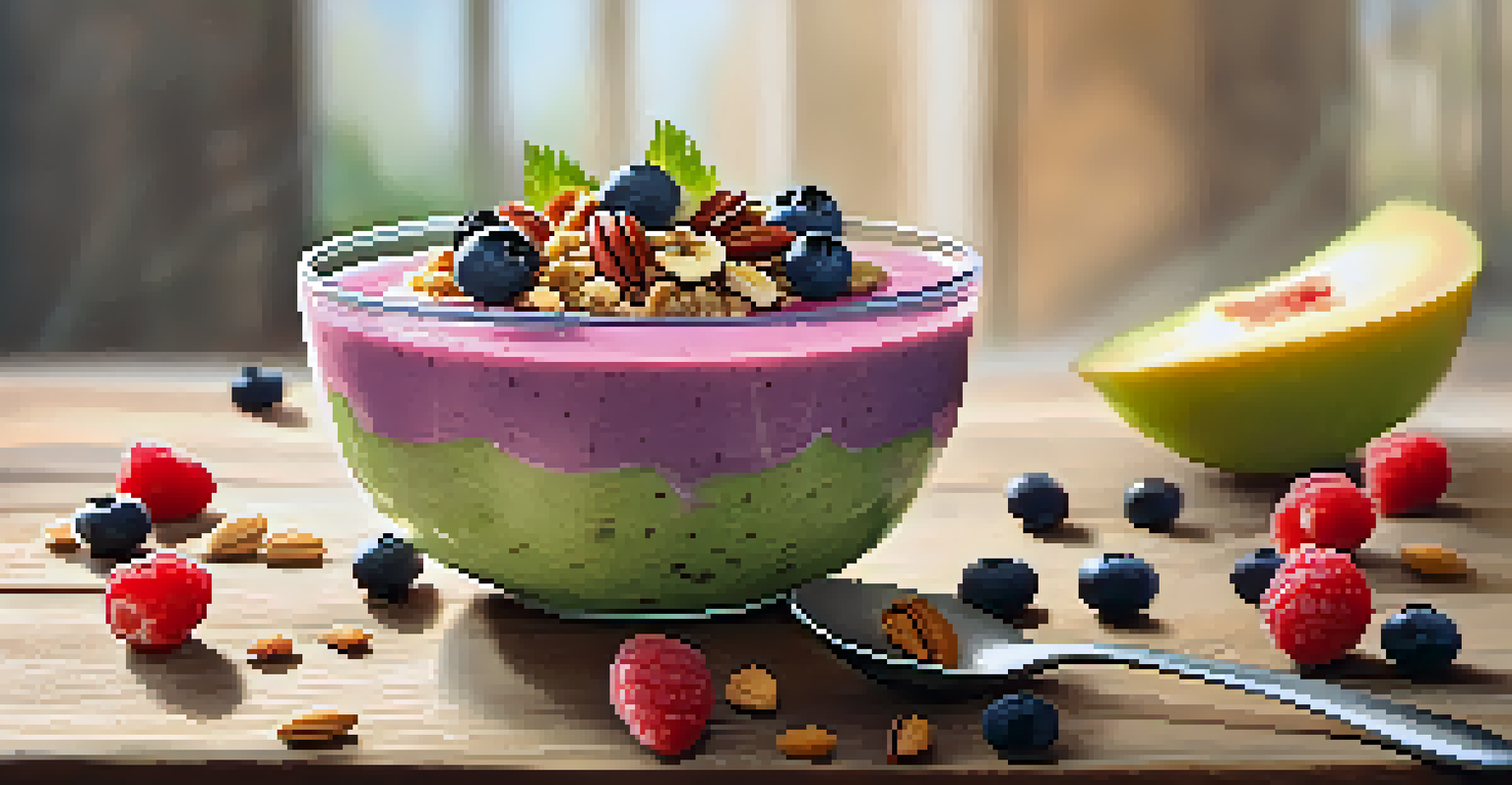 A close-up of a smoothie bowl topped with granola, nuts, and berries, placed on a wooden table.