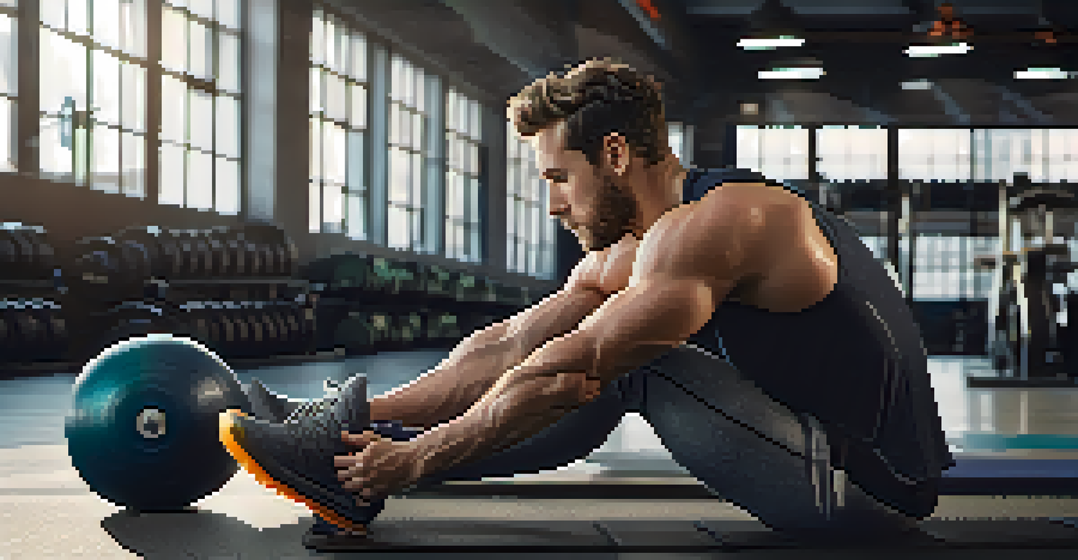 A young man using a foam roller on his calf muscles in a modern gym, with gym equipment in the background.