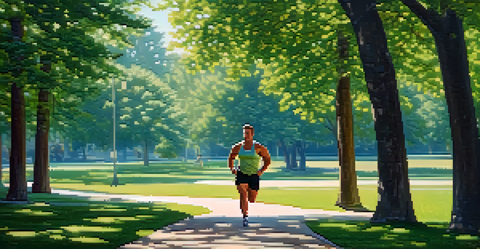 A powerlifter jogging in a sunny park surrounded by greenery.