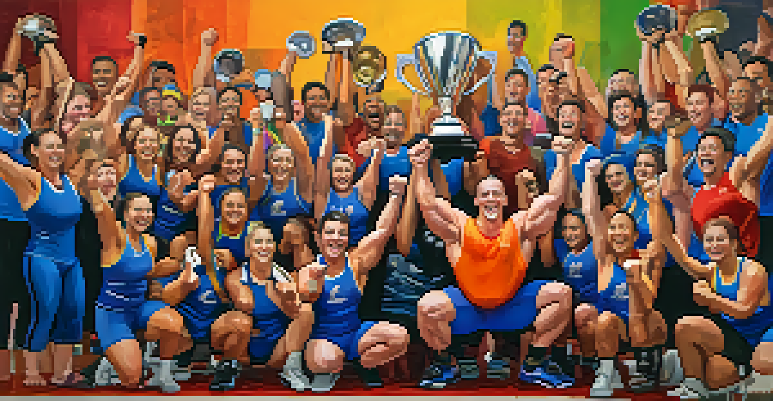 A group of powerlifters celebrating a victory, with one holding a trophy and others cheering, representing a strong community spirit.