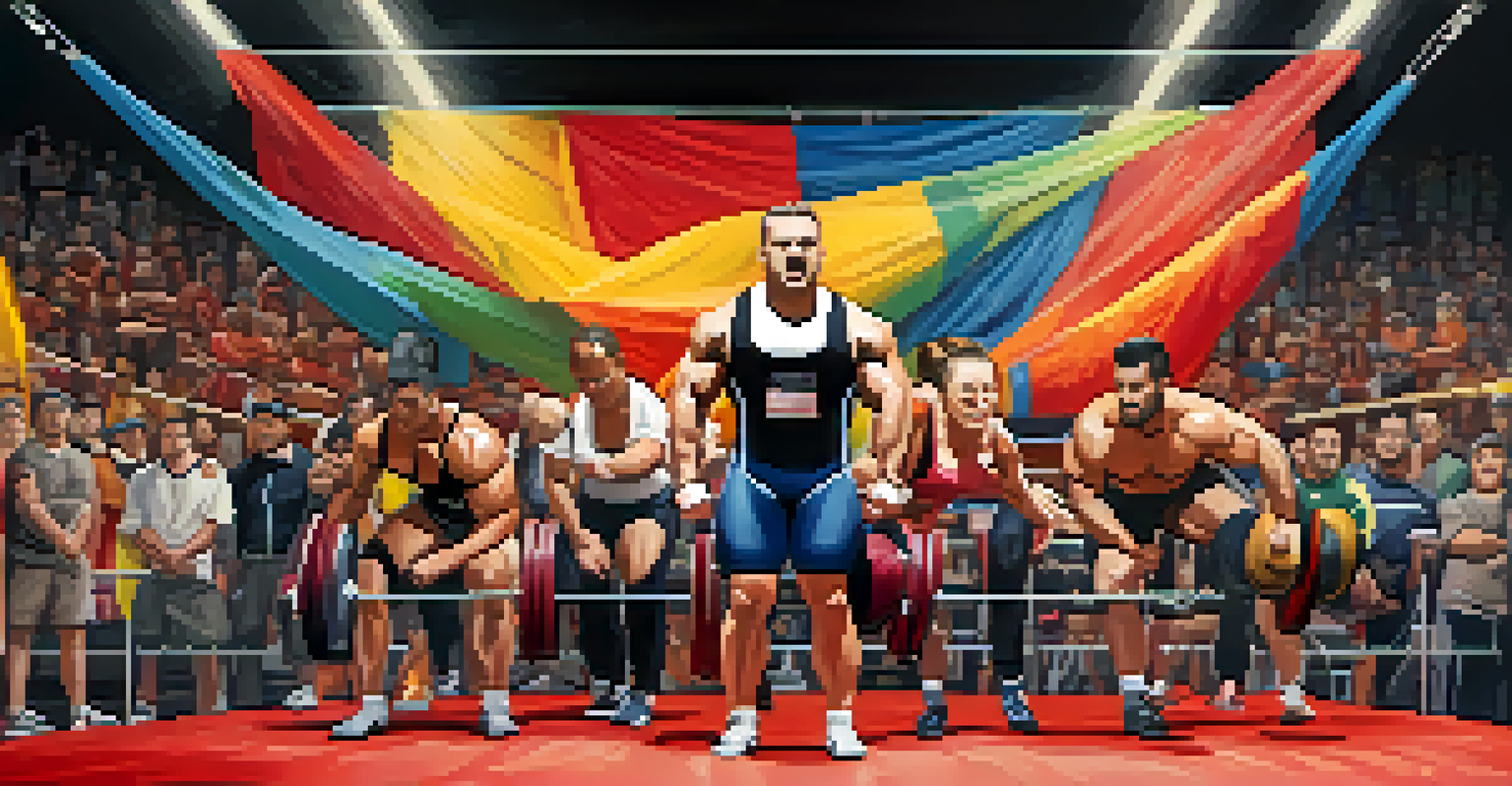 Athletes competing at a powerlifting competition, with spectators cheering and colorful banners in the background.