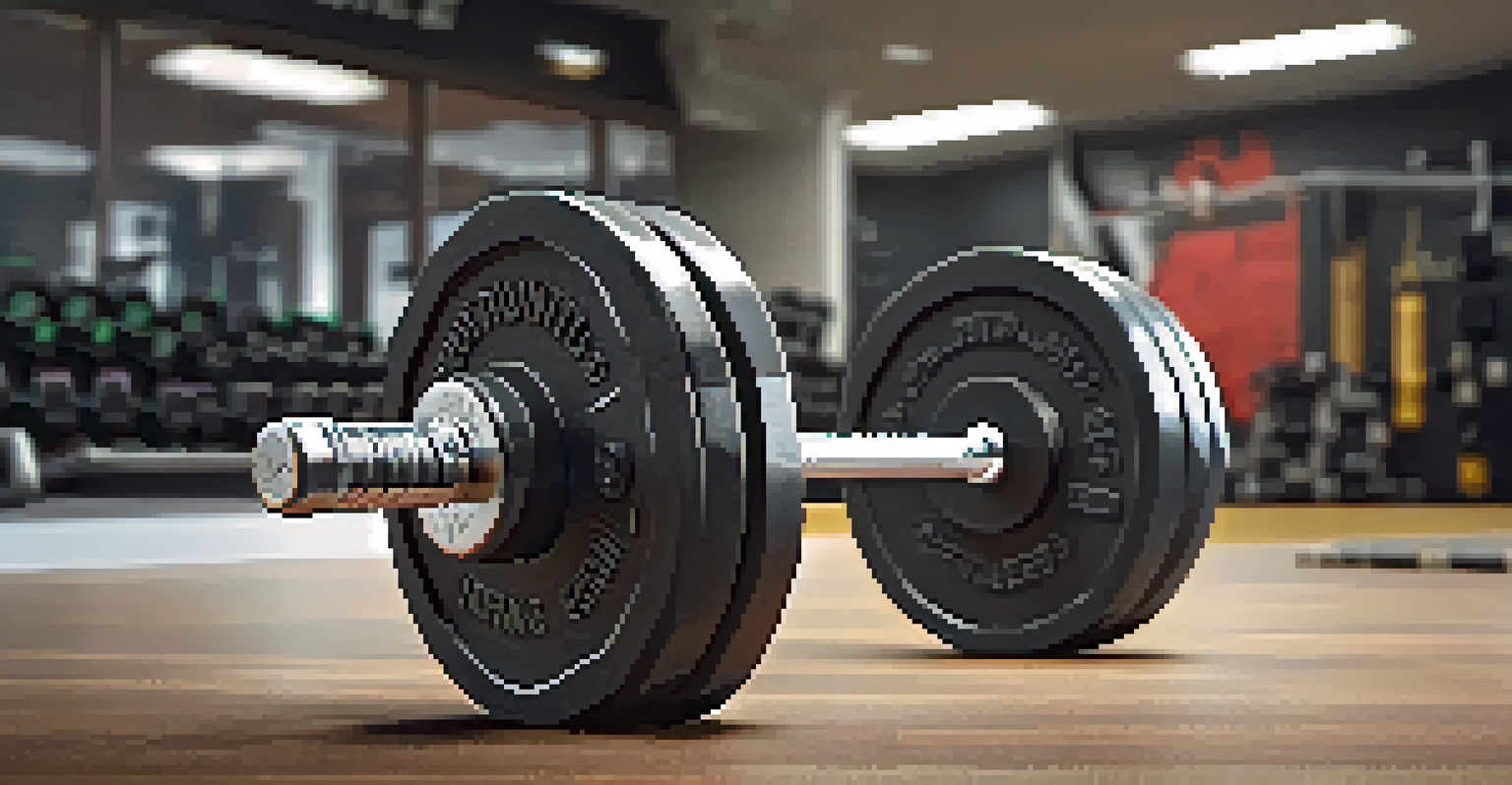 A close-up view of a weightlifting barbell with weights on the floor in a gym, with gym equipment softly blurred in the background.