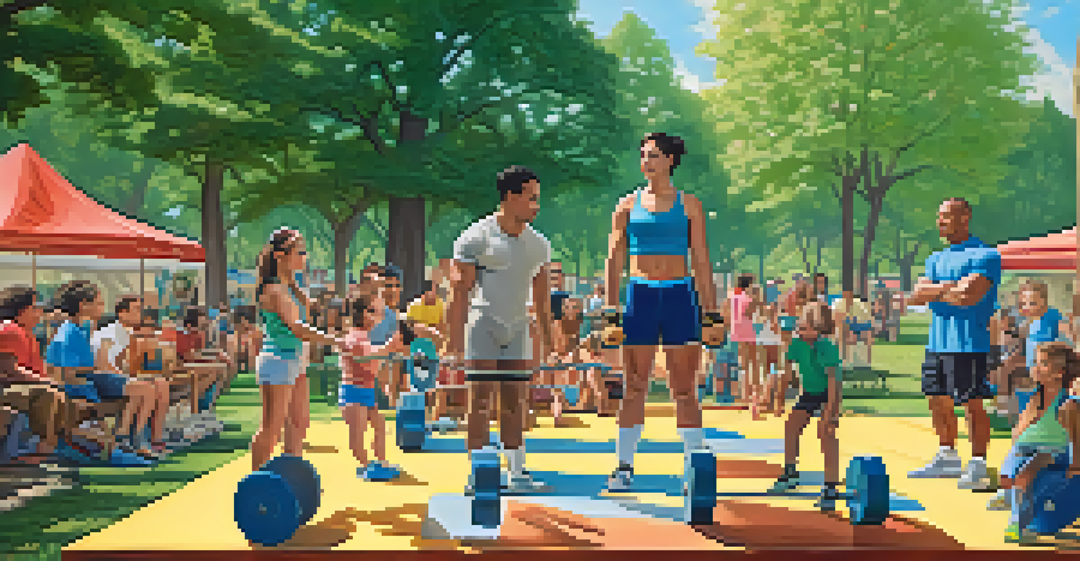 A family having a powerlifting session in a park, with kids cheering on parents.
