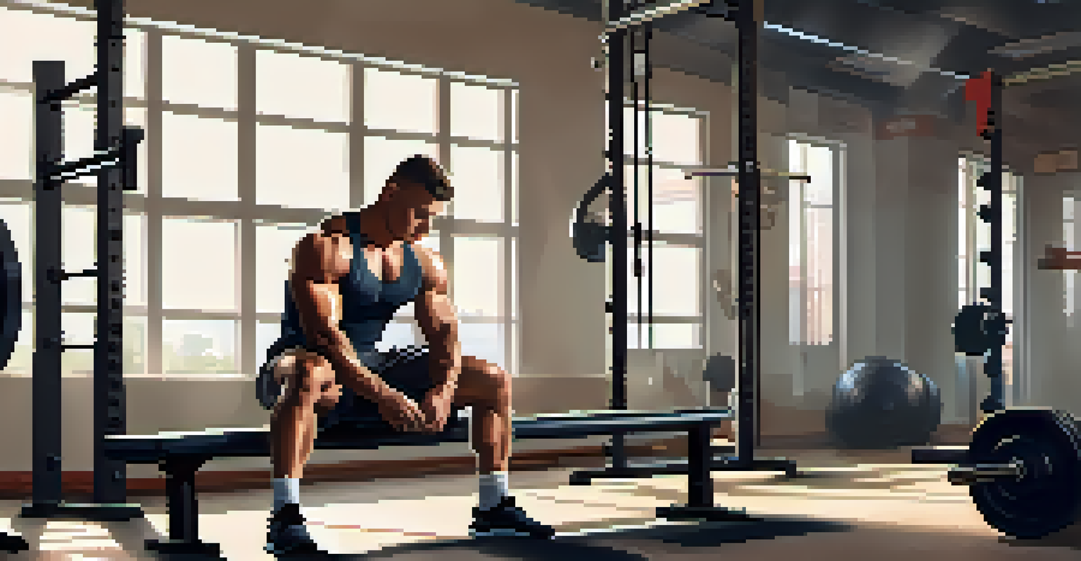 A powerlifter preparing mentally and physically for a workout, sitting on a bench in a well-lit gym.