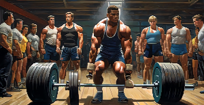 A group of diverse powerlifters from the 1960s lifting weights in a vintage gym with warm lighting, showcasing determination and strength.