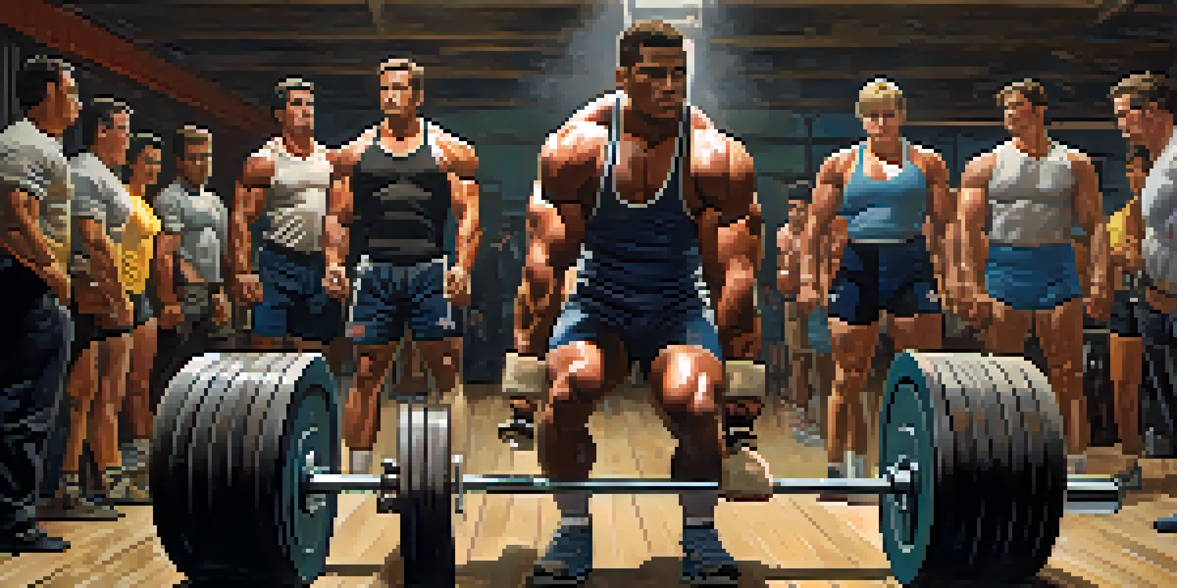 A group of diverse powerlifters from the 1960s lifting weights in a vintage gym with warm lighting, showcasing determination and strength.