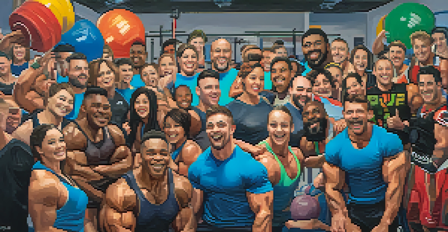 A group of powerlifters celebrating a successful lift in a lively gym environment.