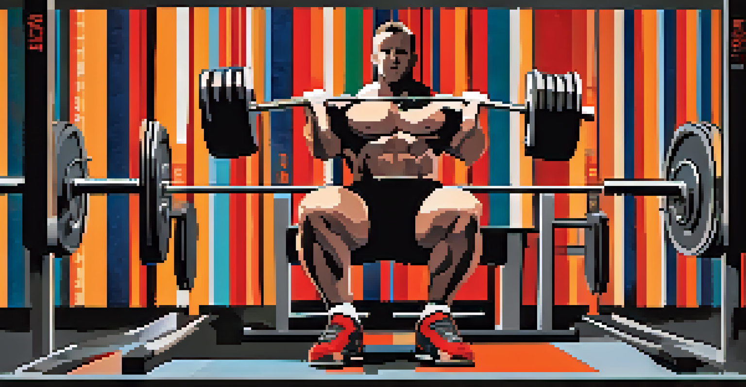 An artistic illustration showing the phases of periodization in powerlifting training, with lifters in different exercises.
