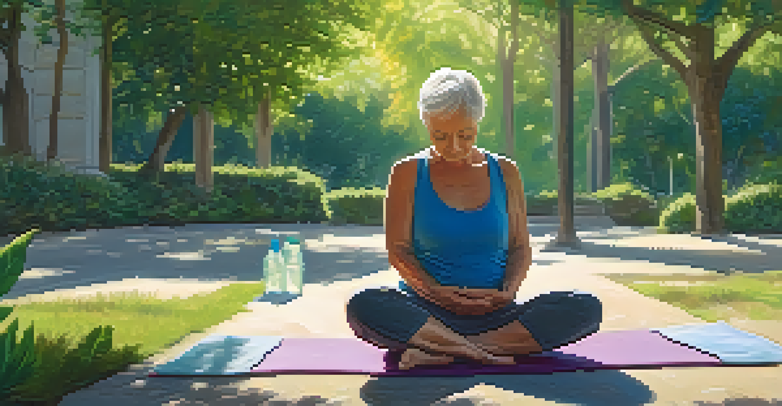 An older adult stretching on a yoga mat in a peaceful park, emphasizing recovery and tranquility.