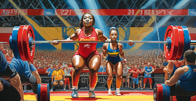 A female powerlifter lifting a barbell with a cheering crowd in the background, showcasing a vibrant competition environment.