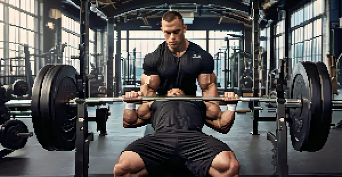A powerlifter performing a close-grip bench press in a gym, showcasing the focus on their form with a barbell.