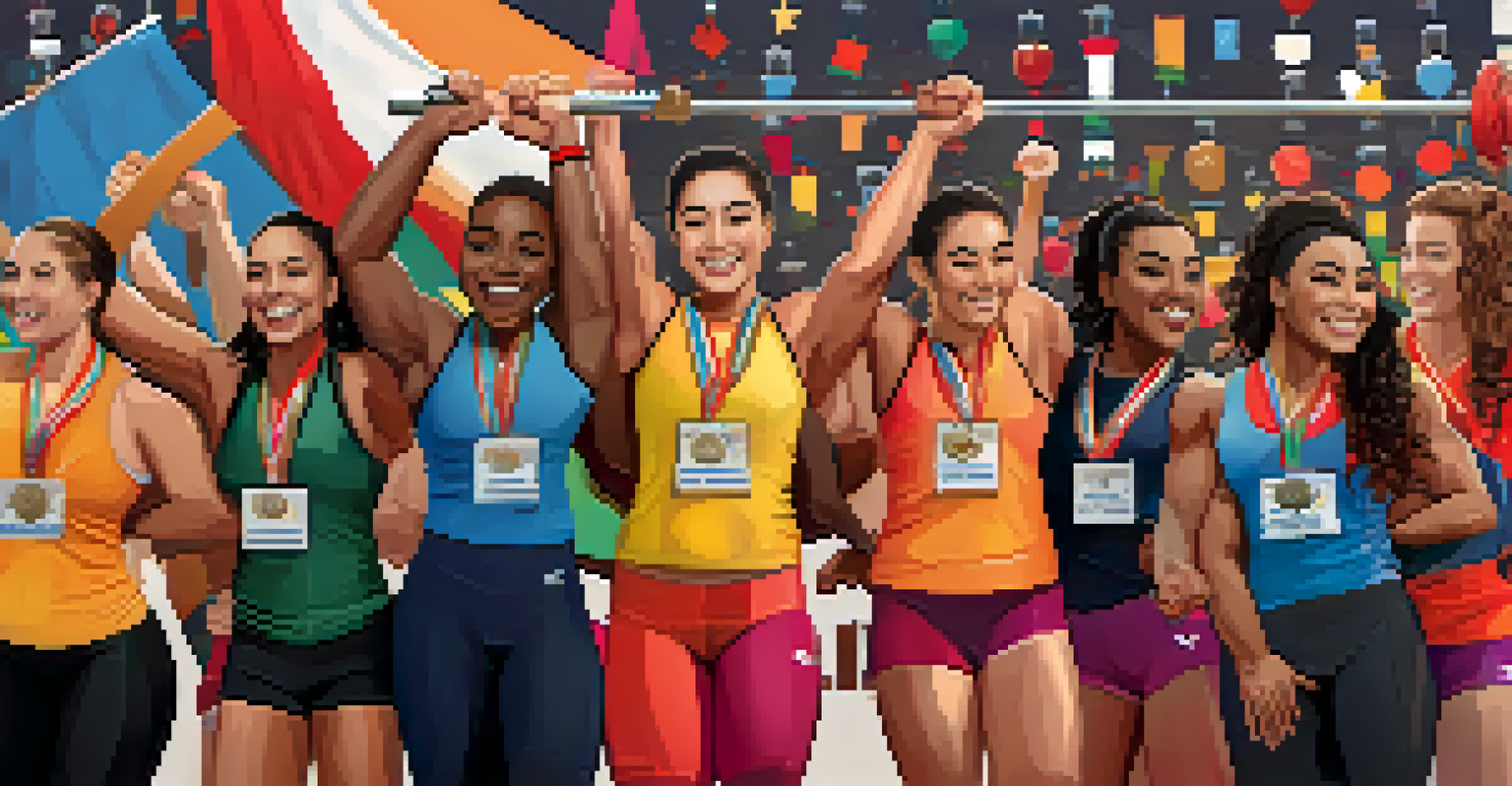 Diverse female athletes celebrate together after a powerlifting competition, surrounded by trophies and medals.