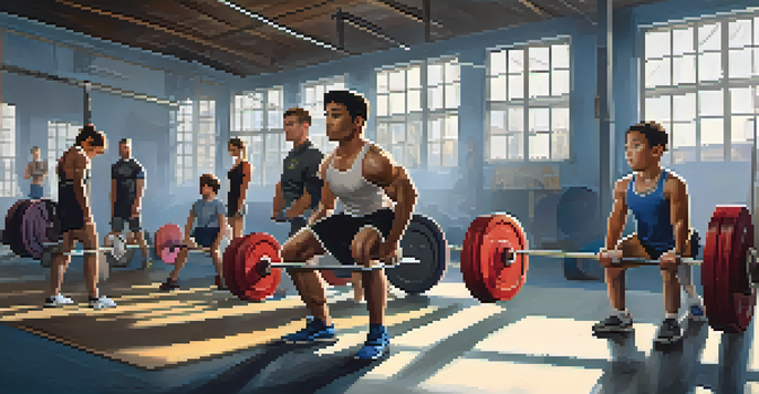A group of young athletes training in a gym under the guidance of a coach, focusing on proper lifting techniques with safety gear around them.