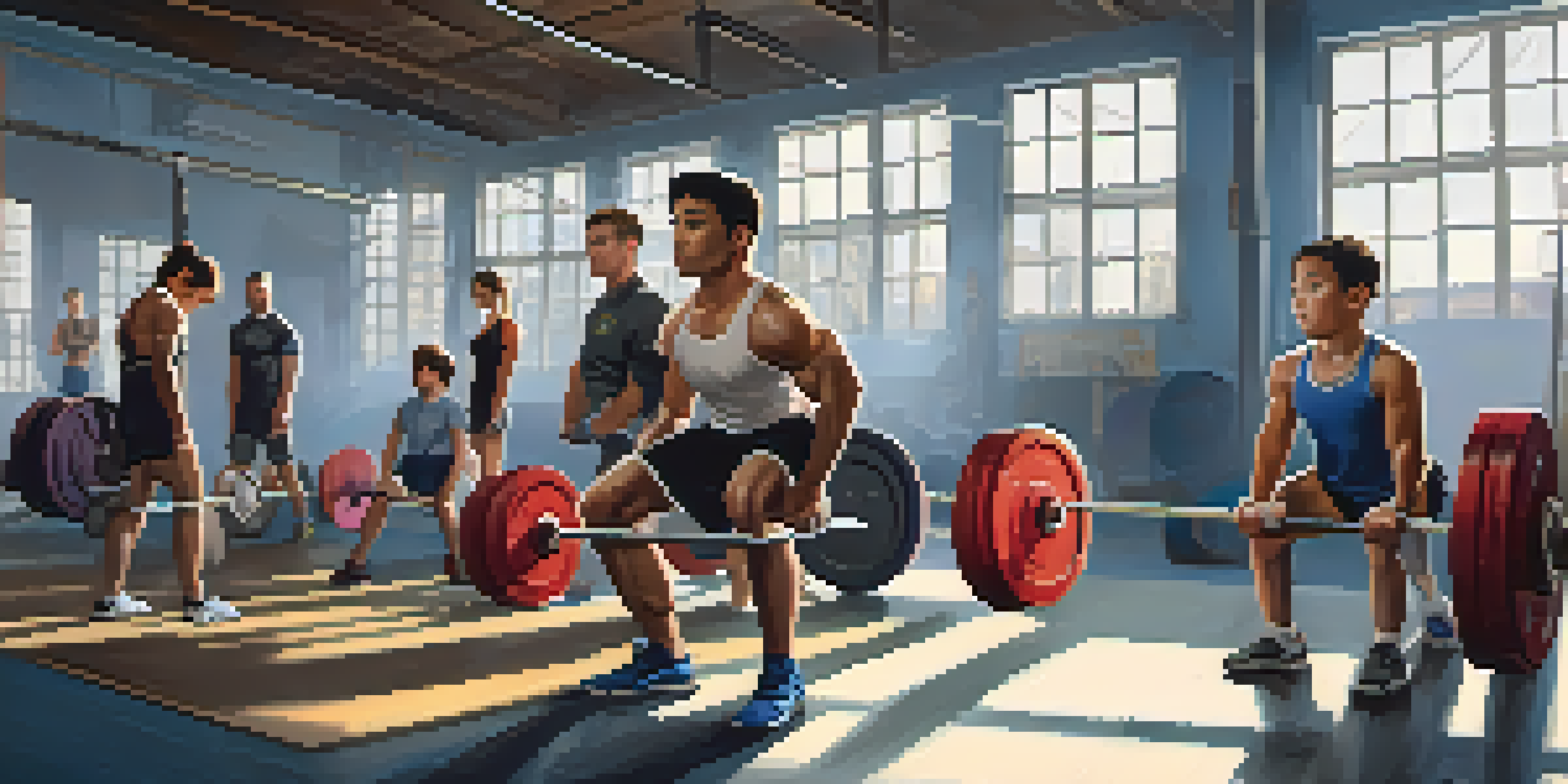 A group of young athletes training in a gym under the guidance of a coach, focusing on proper lifting techniques with safety gear around them.