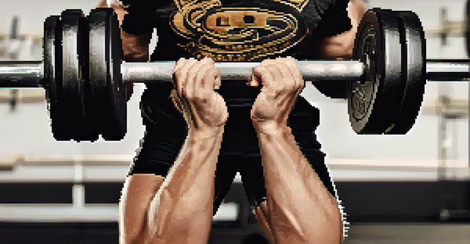 Close-up of a powerlifter's hands gripping a barbell with chalk dust.