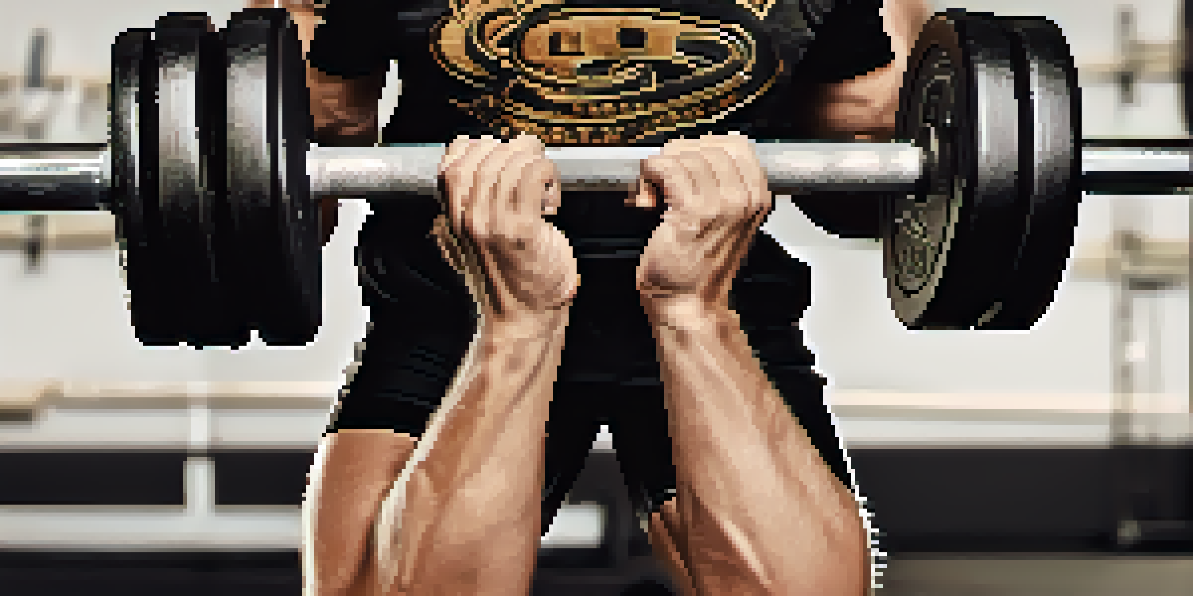 Close-up of a powerlifter's hands gripping a barbell with chalk dust.