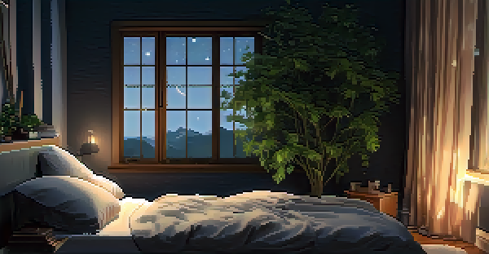 A calm bedroom at night with a cozy bed and a starry sky outside the window, highlighting the importance of sleep.