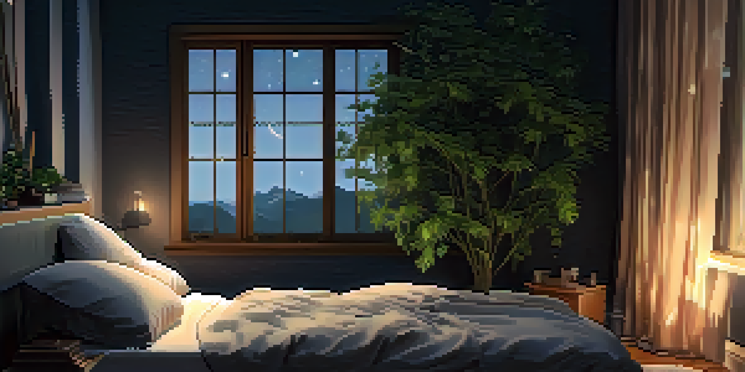 A calm bedroom at night with a cozy bed and a starry sky outside the window, highlighting the importance of sleep.