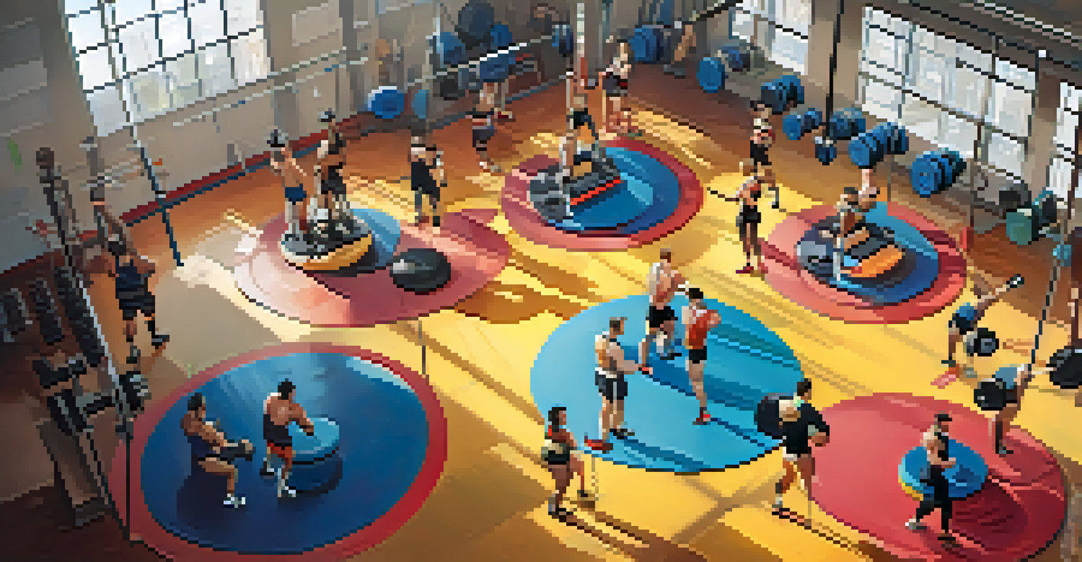 An overhead view of a multi-lifter training session in a gym, showcasing various athletes wearing wearable devices.