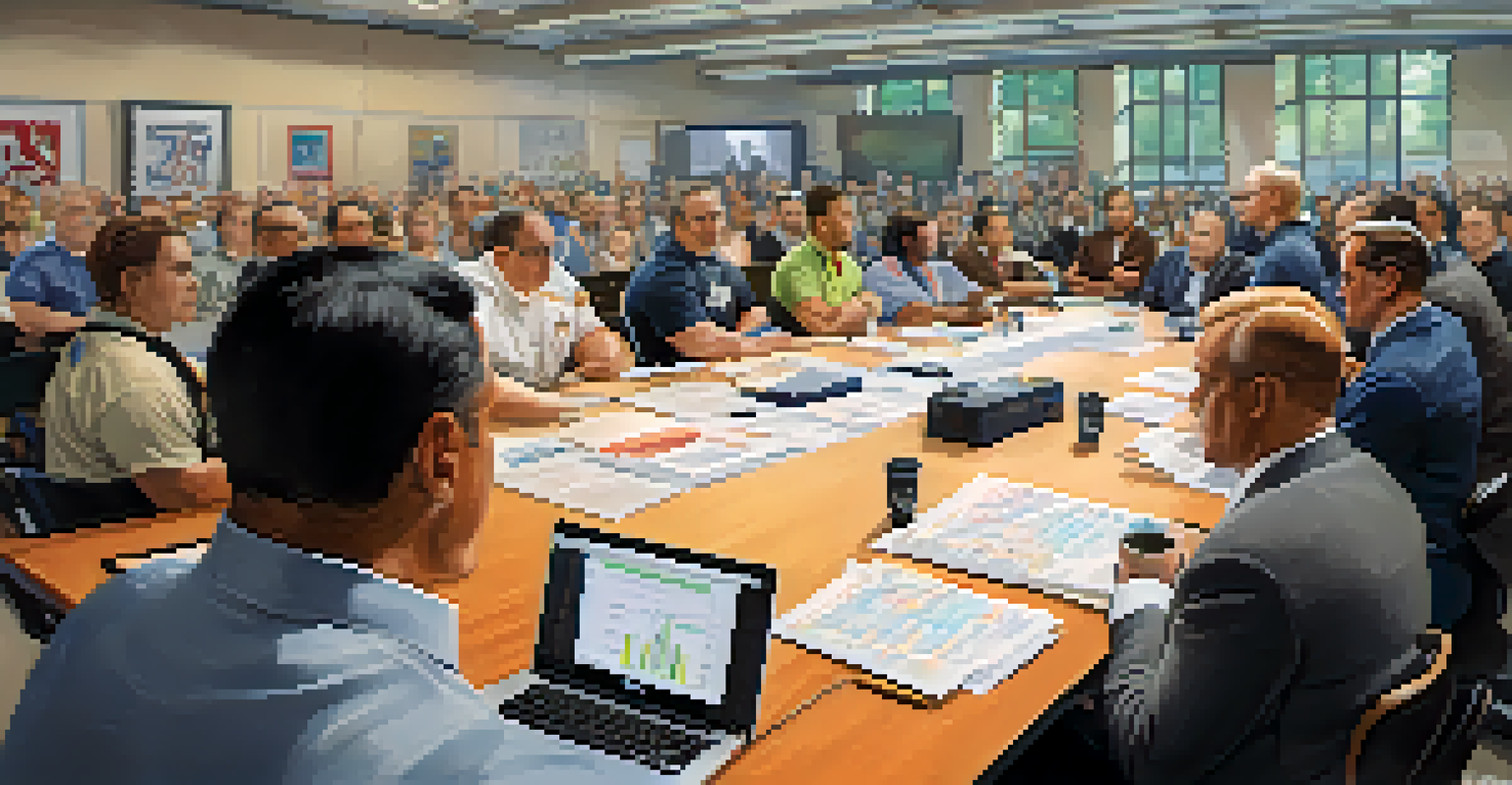 A close-up of powerlifting officials engaged in a meeting, discussing rules and policies with papers and laptops on the table.