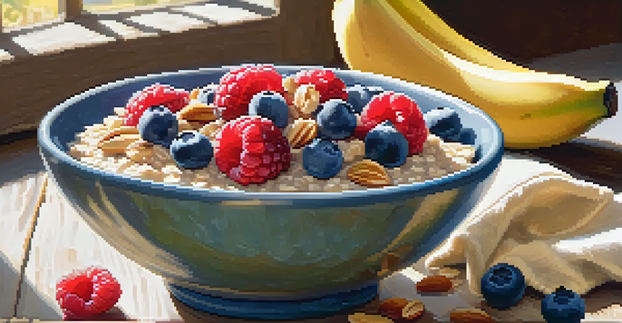 A colorful bowl of oatmeal with fresh fruits and nuts, illuminated by sunlight.