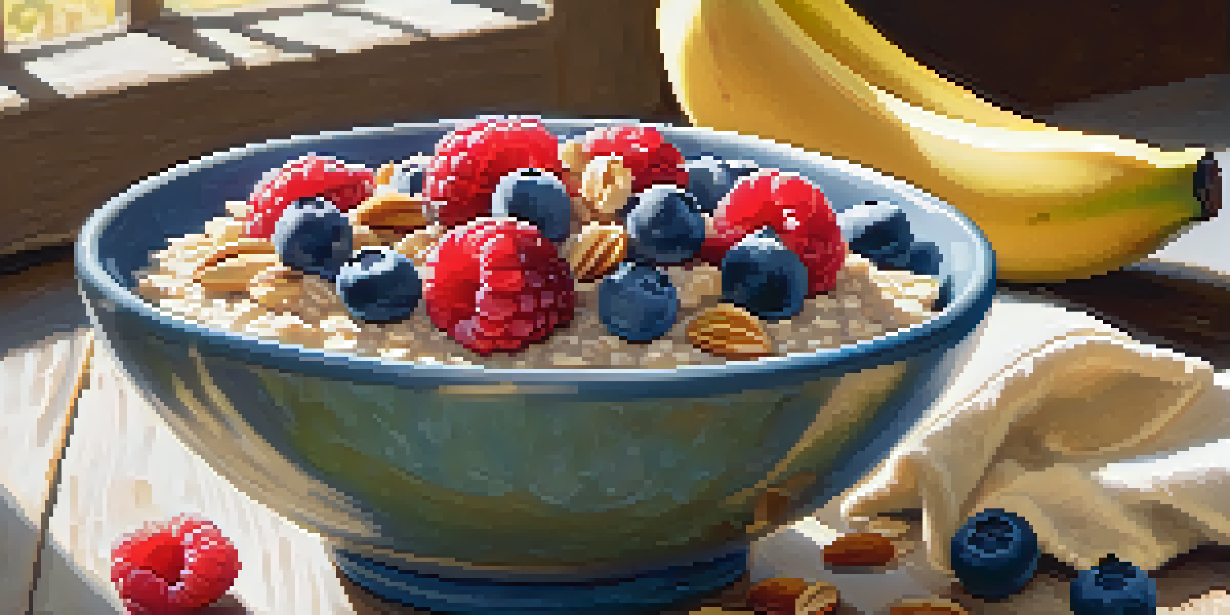 A colorful bowl of oatmeal with fresh fruits and nuts, illuminated by sunlight.