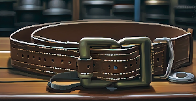 A close-up view of a powerlifting belt on a gym bench, with weights and equipment in the background, displaying the belt's texture and craftsmanship.