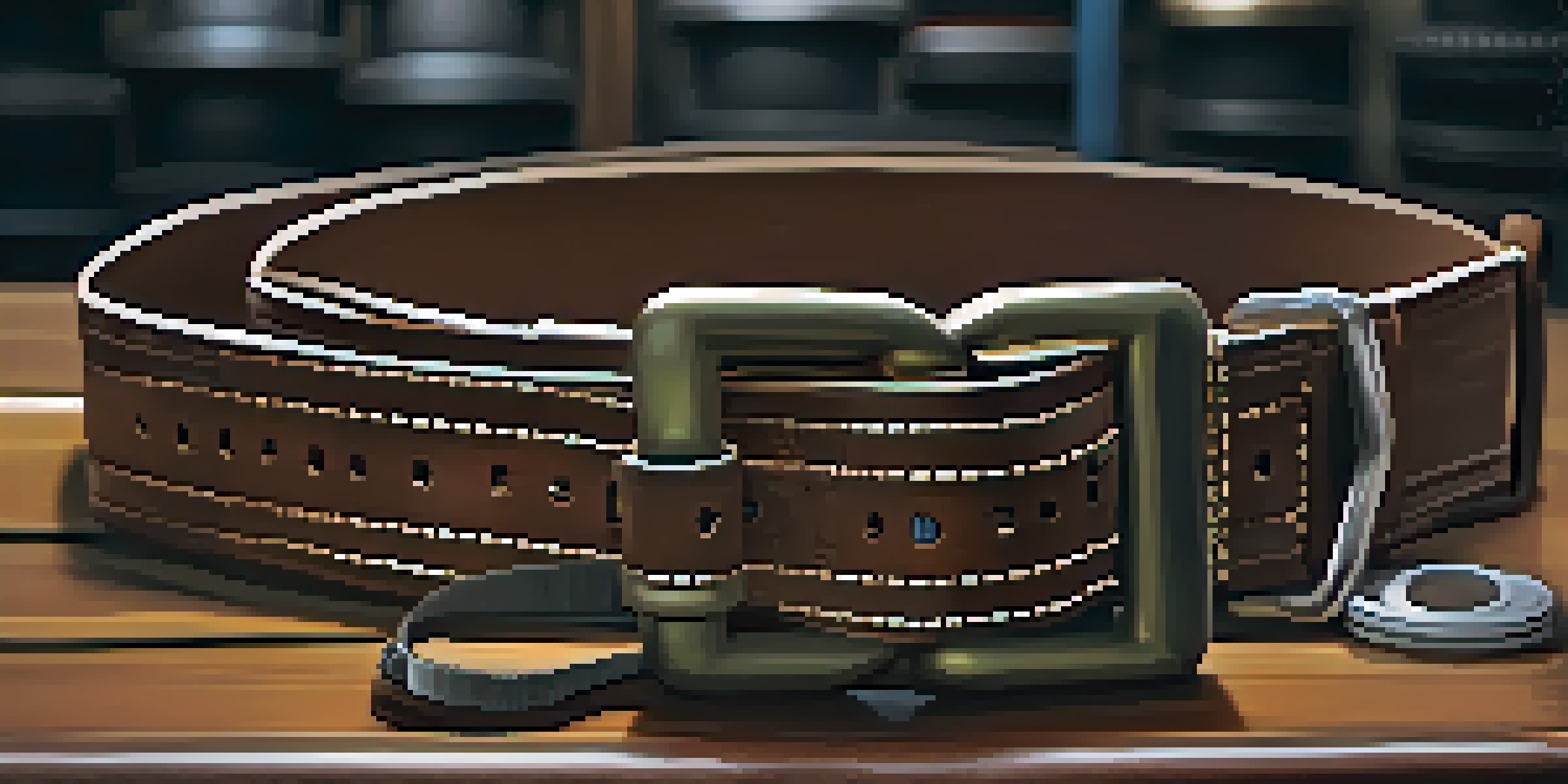 A close-up view of a powerlifting belt on a gym bench, with weights and equipment in the background, displaying the belt's texture and craftsmanship.