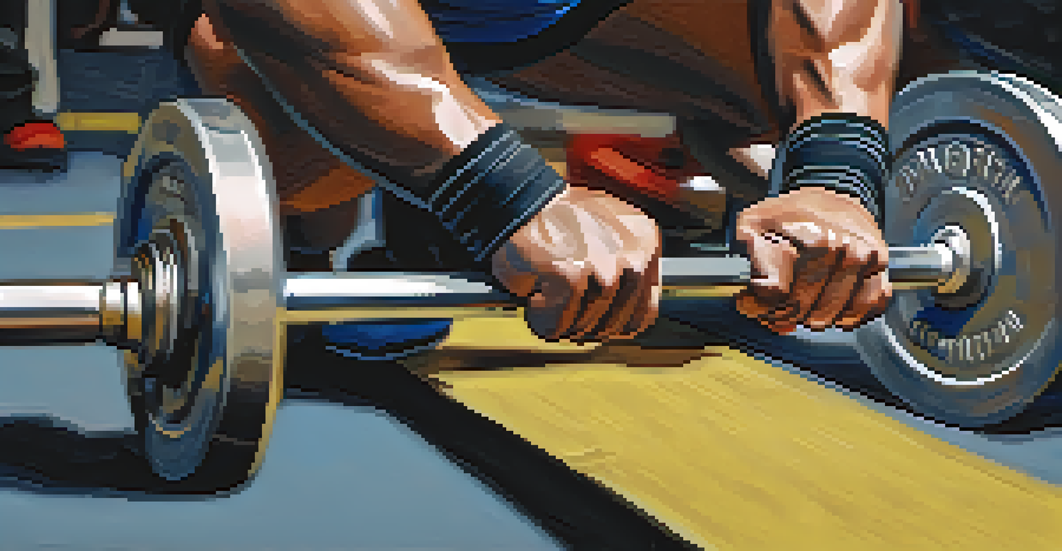 A close-up view of a powerlifting athlete's hands with wrist wraps gripping a barbell, emphasizing the strength and texture of the gear.
