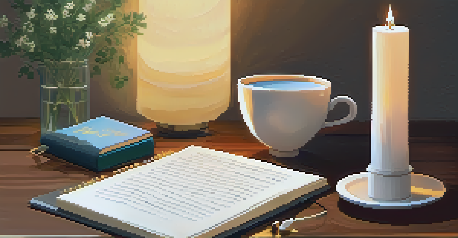 A sleep diary open on a bedside table, with a herbal tea cup and a calming candle beside it, creating a serene ambiance.
