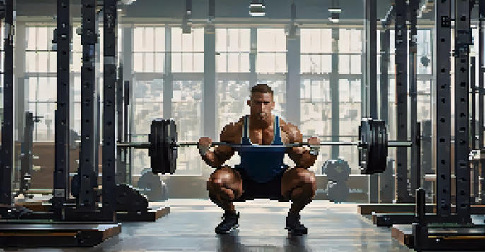 A determined powerlifter performing a squat in a well-lit gym, with sunlight streaming in and weights in focus.