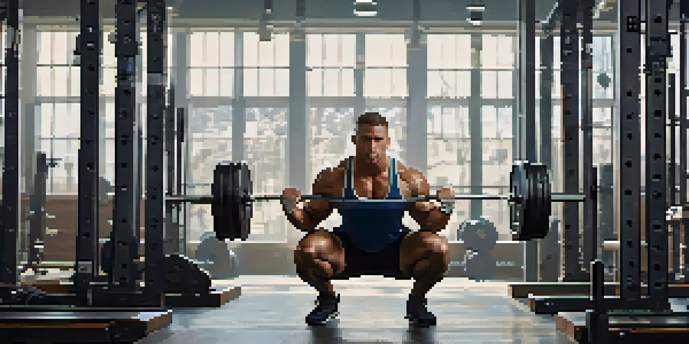 A determined powerlifter performing a squat in a well-lit gym, with sunlight streaming in and weights in focus.