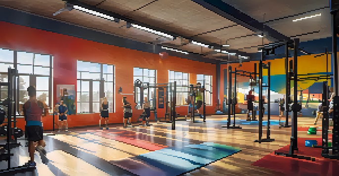 A lively CrossFit gym filled with athletes of different backgrounds, using various equipment and working hard together.