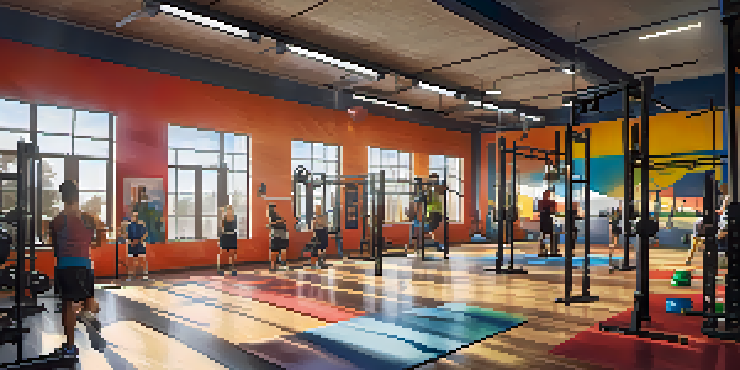 A lively CrossFit gym filled with athletes of different backgrounds, using various equipment and working hard together.