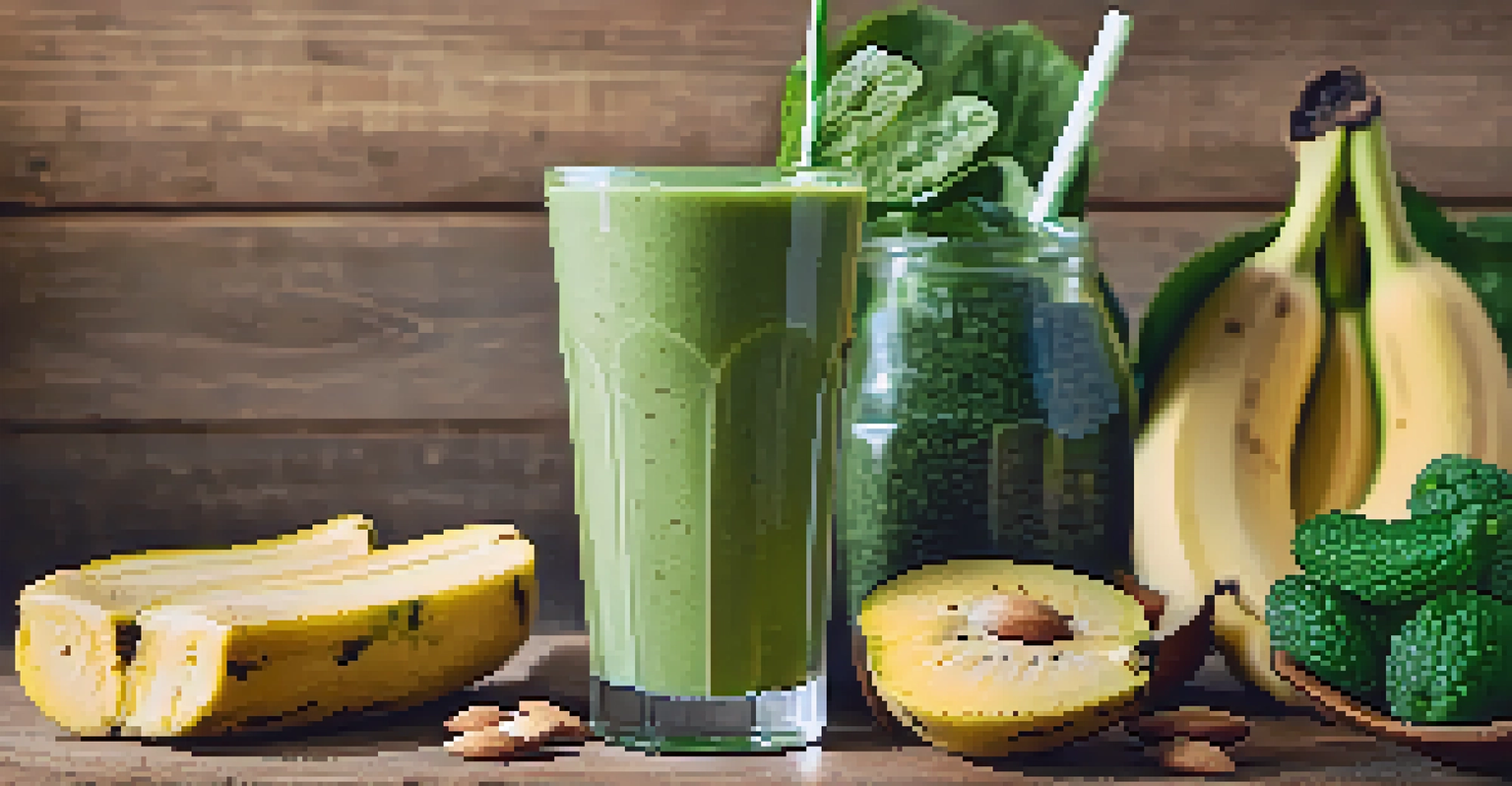 A close-up of a green protein smoothie made with spinach, banana, and almond milk in a glass, placed on a rustic wooden table with fresh fruits.