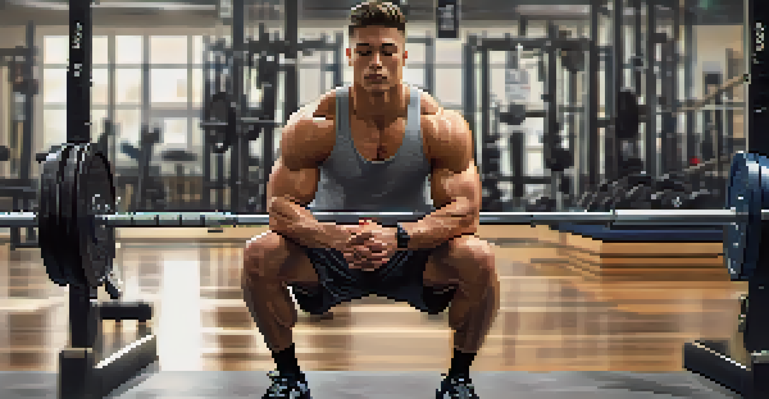An athlete visualizing a lift, seated in a gym with a serene expression.