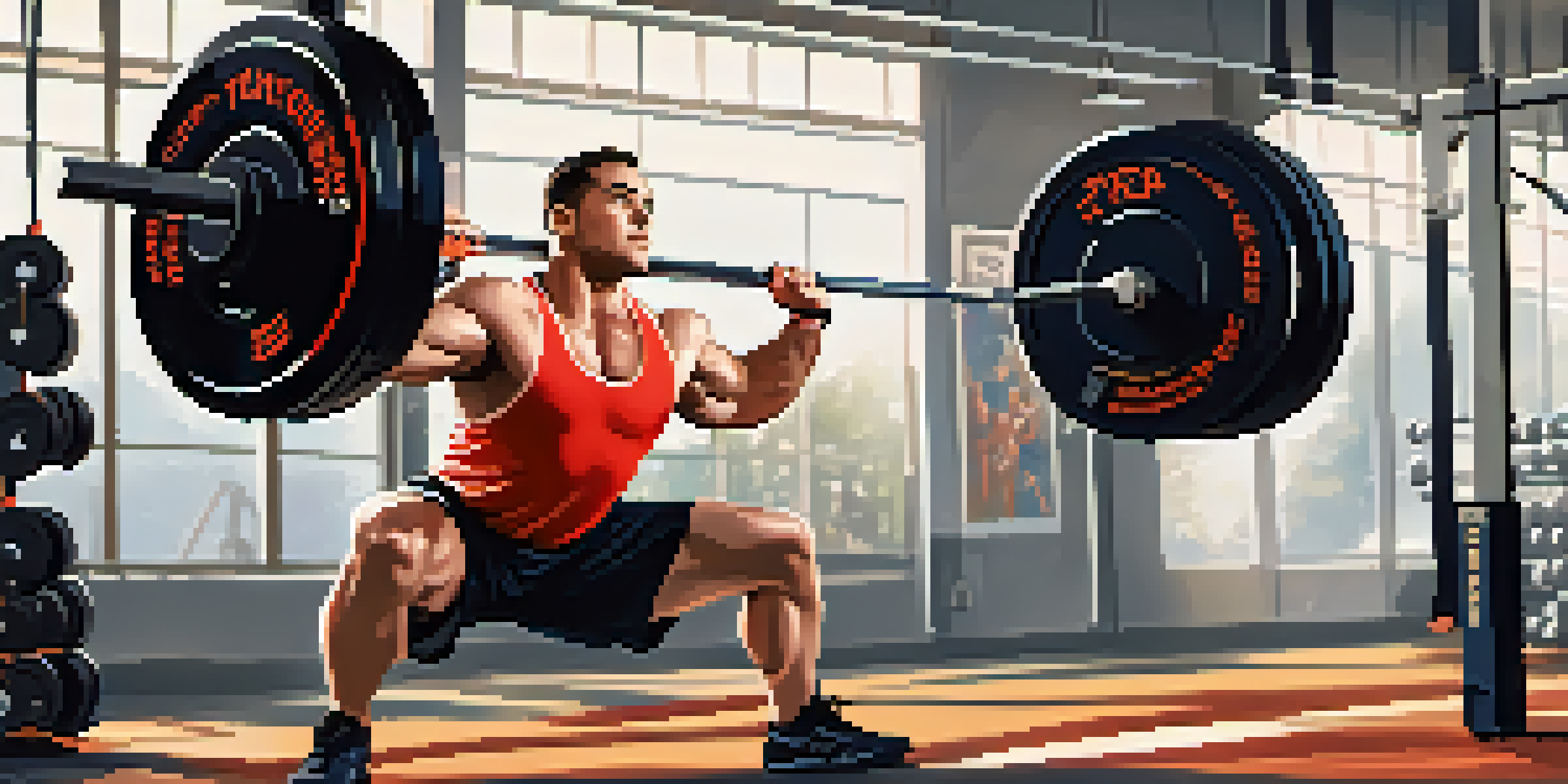 A powerlifter engaging in dynamic stretching exercises in a gym, preparing for a workout.
