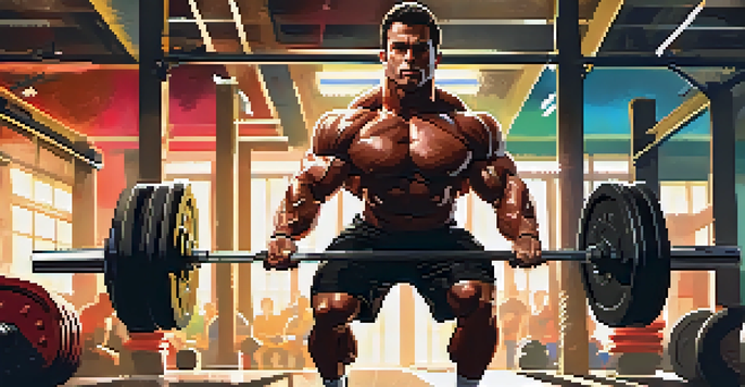 A powerlifter focusing intensely while performing a deadlift in a colorful gym, with visible muscles and sweat, surrounded by gym equipment.