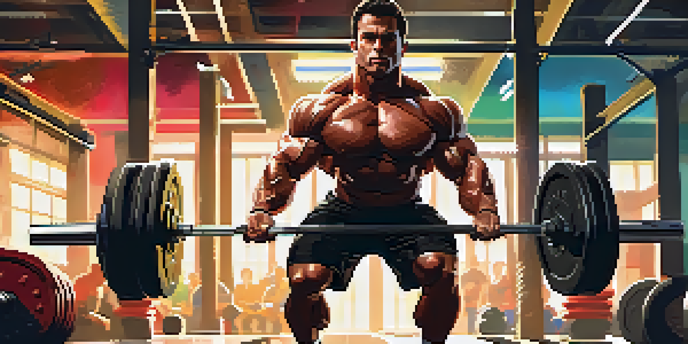 A powerlifter focusing intensely while performing a deadlift in a colorful gym, with visible muscles and sweat, surrounded by gym equipment.